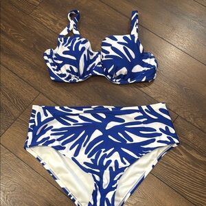 Blue and White Leaf Print Bikini Set